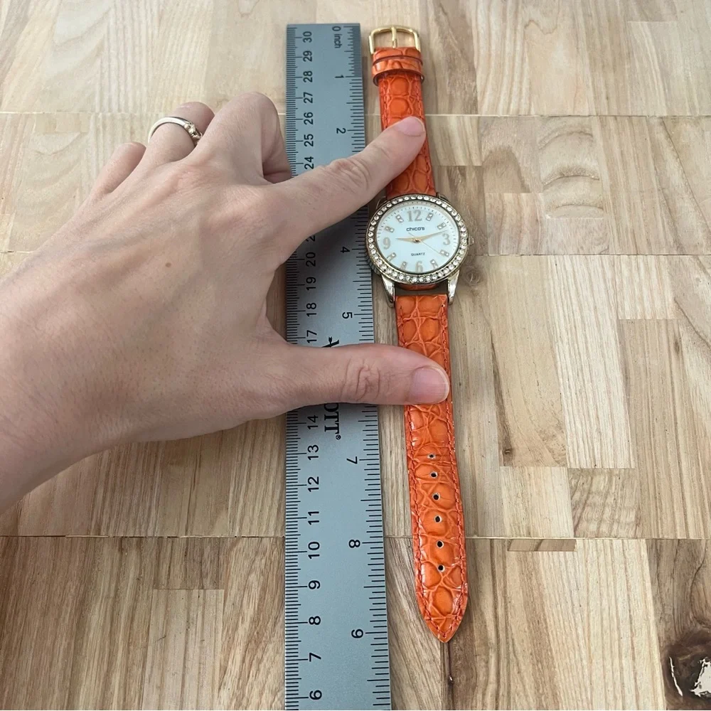 Chico’s ladies gold tone orange leather fashion watch NEW BATTERY